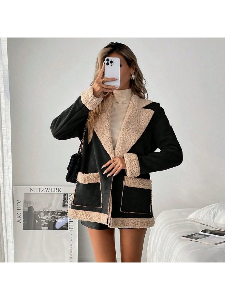 Black Casual Women's Fluffy Colorblock Warm Jacket